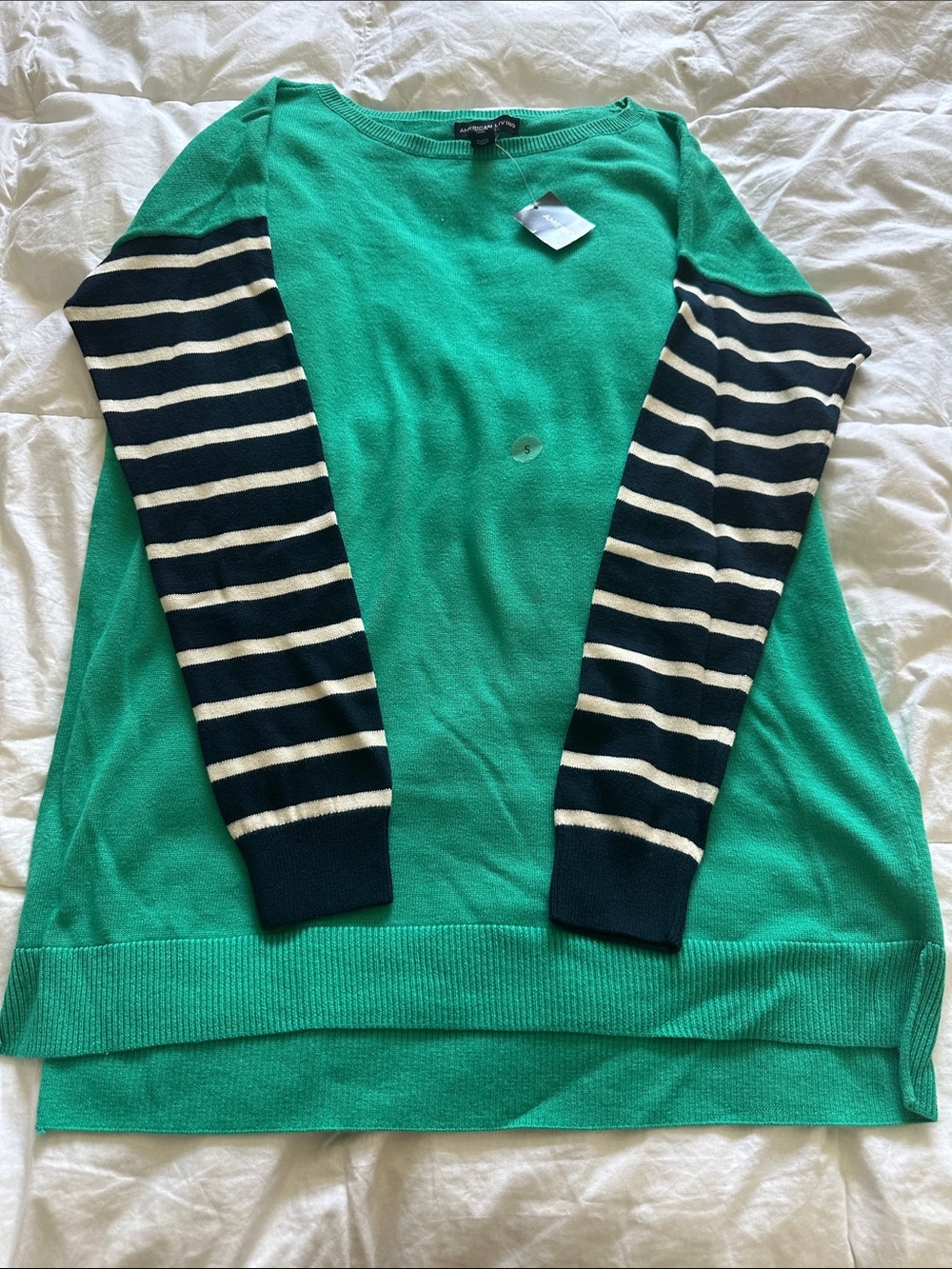 Women’s American Living Green Crewneck Sweater with Navy & White Striped Sleeves